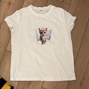 Source Unknown White Short Sleeve Tee with Cat Design